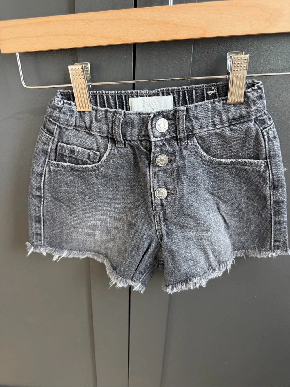 Zara Kids Washed Black Denim Button-Front Shorts with Heart Pockets | 4 Years